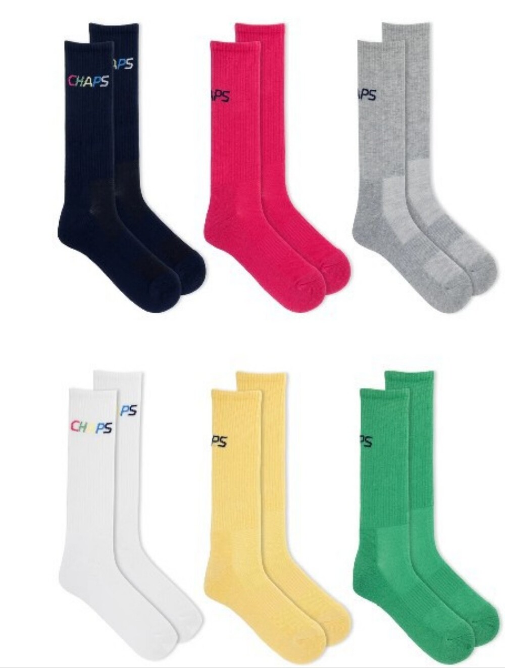 Chaps Multicolor Logo Crew Socks - Navy, Pink, Gray, White, Yellow, Green